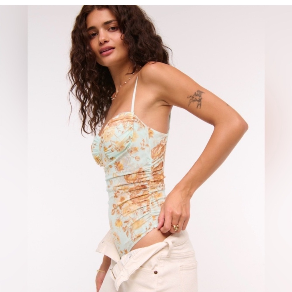 Floral bra free mesh bodysuit